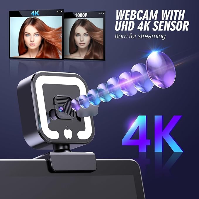 4K Webcam with Microphone and Fill Light HD Autofocus Computer Camera for Pc Laptop Desktop Video Calling Fine Workmanship