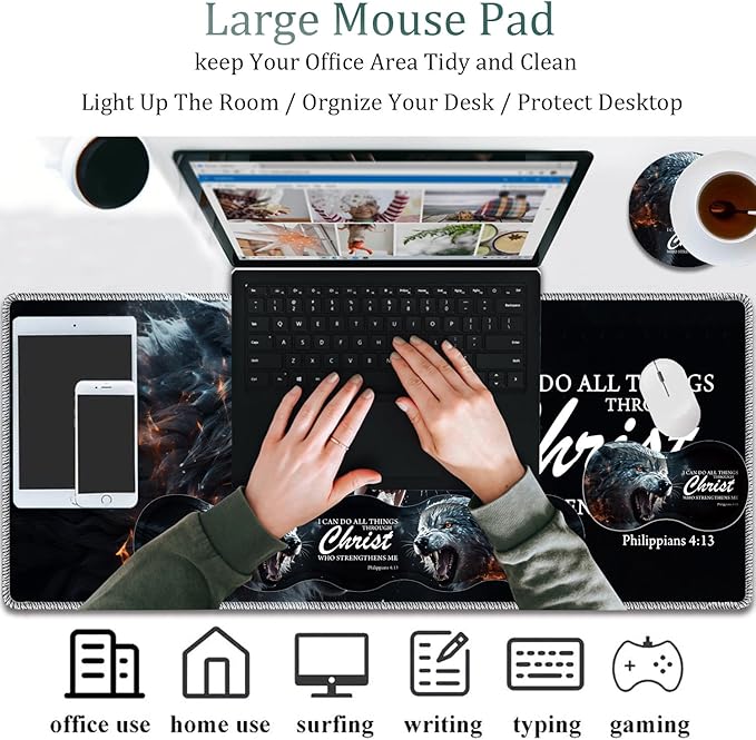 4 in 1 Mouse Pad Combo Large Gaming Mouse Pad + Keyboard Wrist Support + Mouse Wrist Rest + Coaster Table Pad 31.5 x 11.8 with Memory Foam Ergonomic Wrist Pad Set Ferocious Wolf