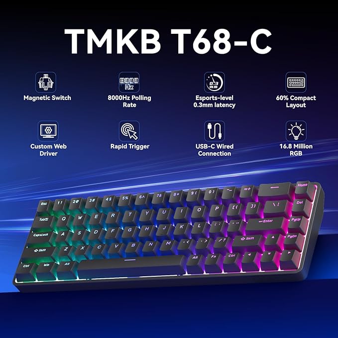 TMKB 60% Hall Effect Magnetic Mechanical Gaming Keyboard 8K Hz Web Driver No App Rapid Trigger Adjustable Actuation RGB Balcklit Wired Keyboard for PC Laptop Gamer Black