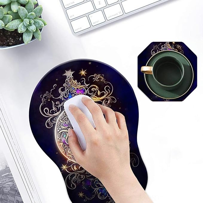Mouse Pad with Wrist Support Gel Moon Star Galaxy Floral Pattern Design Ergonomic Gaming Mousepad with Wrist Rest for Laptop Computer Home Office Working Mouse Mat + A Cute Coffee Pad