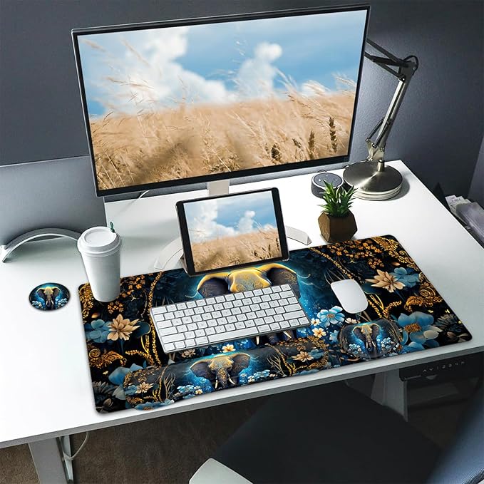 Large Mouse pad and Keyboard Support Set Ergonomic Memory Foam Keyboard Wrist Rest Extended Gaming Mouse Pad with Stitched Edges Flowers Ornate Elephant XXL Desk Mat (31.5 X 11.8 in)