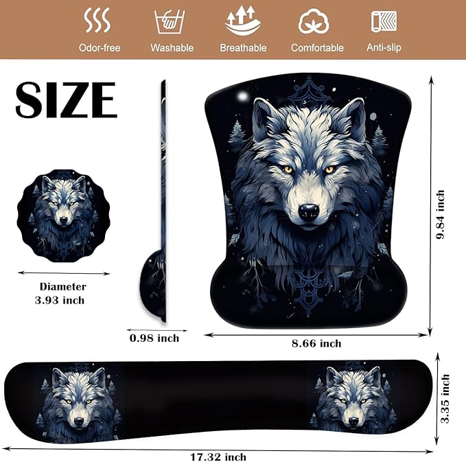 Keyboard Wrist Rest and Mouse Pad Wrist Support with Lace-Shaped Coaster Set Ergonomic Gel Memory Foam and Anti-Slip Base Easy Typing and Pain Relief - Night Moon Wolf