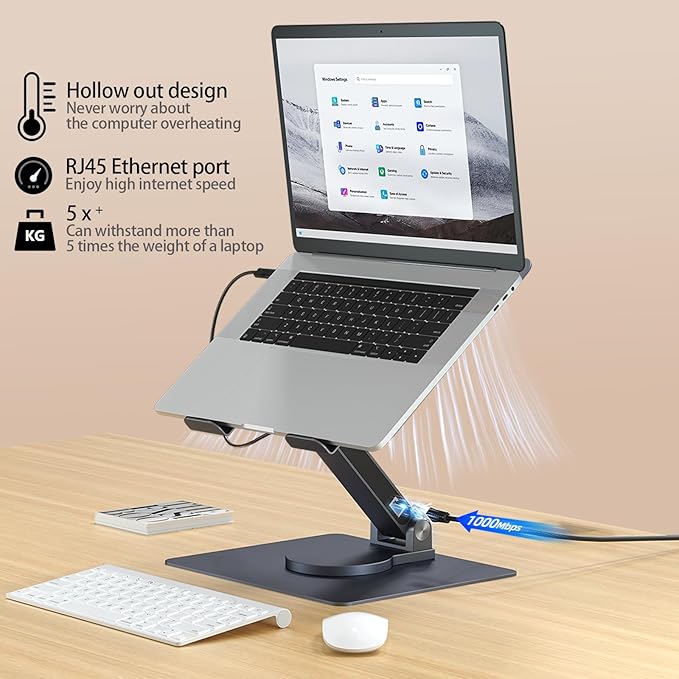 7 in 1 Laptop Docking Station Stand Detachable USB C Hub 4K HDMI 2 USB 3.0 RJ45 PD 3.0 Universal Laptop Stand with 360-degree Swivel Stand