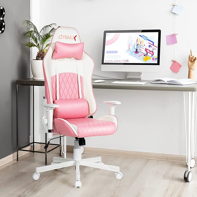 GYMAX Gaming Chair Pink Ergonomic High Back Computer Chair with Headrest &amp Lumbar Support Racing Style Desk Task Rolling Chair for Home Office Gaming Working Studying