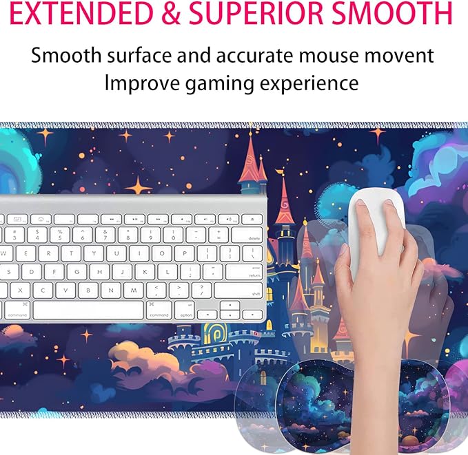 Large Gaming Mouse Pad + Mouse Wrist Rest Pad + Coaster Combination 31.5 x 11.8 Durable Non-Slip Extension Table Mat Suitable for Office and Home Astral Cloud Castle