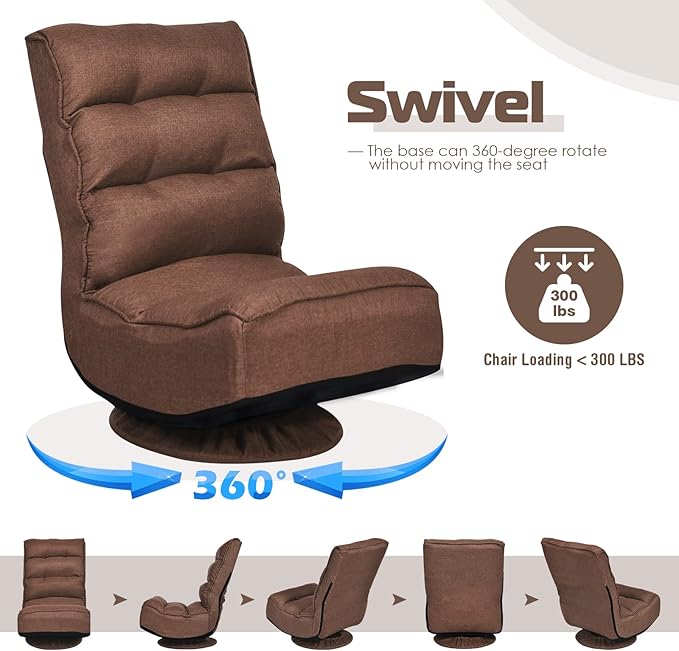 COSTWAY Folding Floor Chair Adjustable 5-Position Video Gaming Chair with 360 Degree Swivel Detachable Cover Padded Backrest Multipurpose Living Room Floor Lounger for TV Reading Playing Coffee
