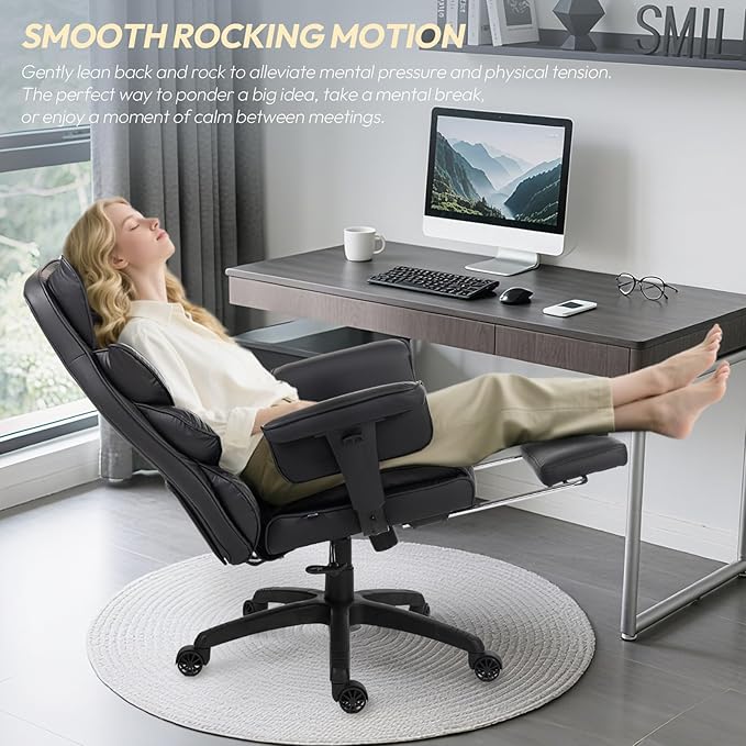 Dowinx Big and Tall Office Chair with Pocket Spring CushionHigh Back Computer Gaming Chairs with Adjustable ArmrestsExecutive Desk Chairs with Lumbar Support and FootrestPU Leather-Black