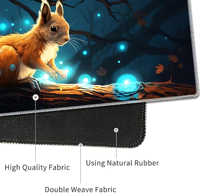 4 in 1 Mouse Pad Combo Large Gaming Mouse Pad + Keyboard Wrist Support + Mouse Wrist Rest + Coaster Table Pad 31.5 x 11.8 with Memory Foam Ergonomic Wrist Pad Set Glowing Squirrel