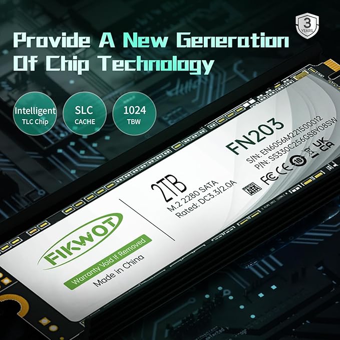FN203 M.2 SATA SSD - SLC Cache 3D NAND TLC SATA III 6Gb/s M.2 2280 NGFF Internal Solid State Drive Up to 550MB/s Compatible with Ultrabooks Tablet Computers and Mini PCs (2TB)