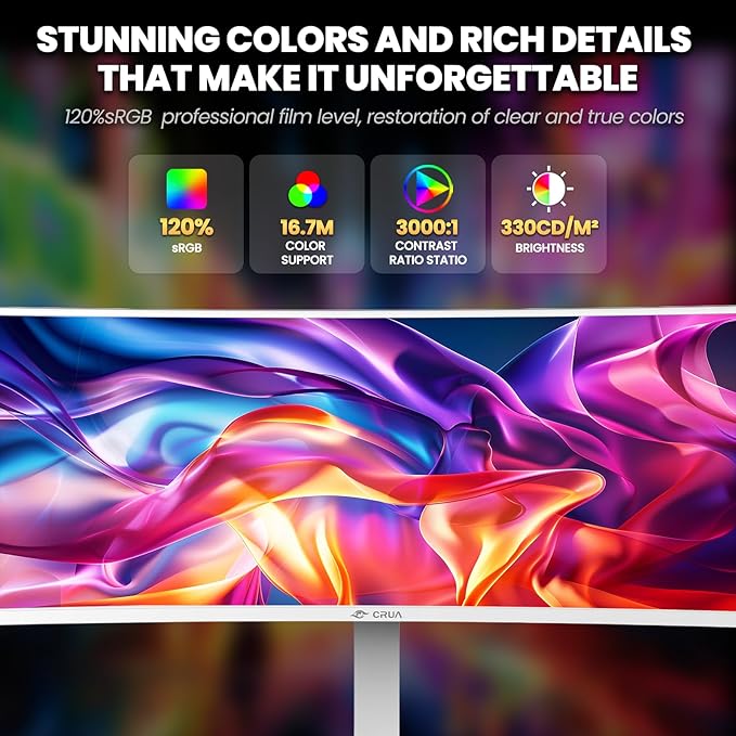 CRUA 49 White Curved Monitor | DQHD(5120 * 1440) 120Hz 1500R 32:9 AMD FreeSync 120% sRGB Height Adjustable Ultra-Wide Screen Computer Monitors HDMI 2.1 &amp DP 1.4 Wall Mount Install