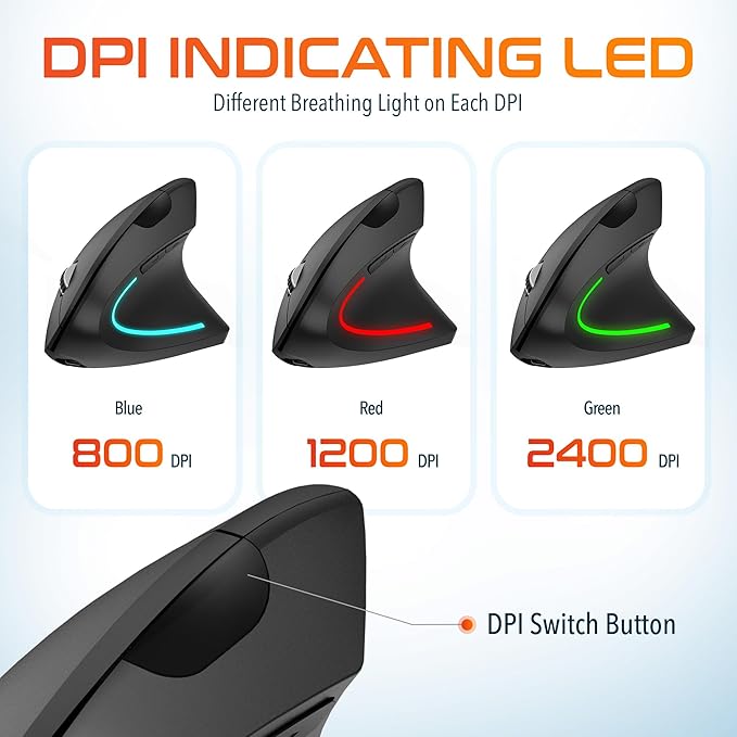 Delton Ergonomic Vertical Rechargeable Wireless Mouse with Auto Pair USB Dongle 6 Buttons 3 Adjustable DPI Levels (800/1200/2400) Compatible for PC Laptop Mac Chromebook - Black