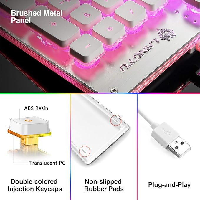 LANGTU Membrane Gaming Keyboard Rainbow LED Backlit Quiet Keyboard for Office USB Wired All-Metal Panel 25 Keys Anti-ghosting Computer Keyboard 104 Keys - L1 White/Silver