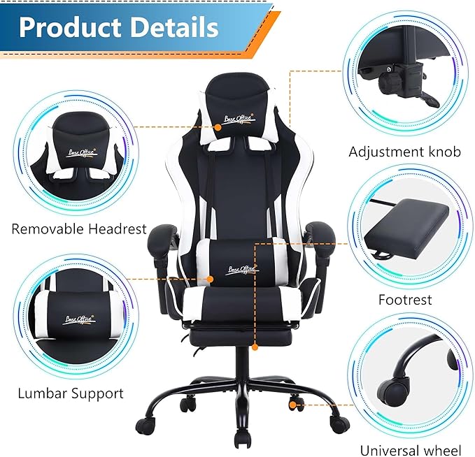 Gaming Chair Office Chair with Foot Rest &amp Armrest Ergonomic Gaming Chairs for Adults Office Gaming Chair with Lumbar Support &amp Headrest Big and Tall Chair for Office or Gaming Black &amp
