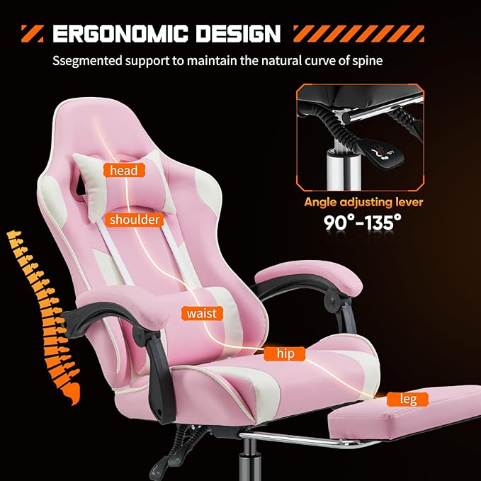 Sweetcrispy Video Game Chair - Ergonomic Lumbar Support Computer Desk with FootrestComfy PU Leather Recliner with Headrest Fixed Up Armrest Height Adjustable with 360° Swivel for Adults Pink