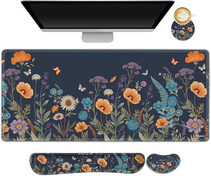 DINKY Desk Mat Keyboard Mouse Pad Set Large Gaming Mouse Pad +Keyboard Wrist Rest +Mousepad with Wrist Rest +Coaster Ergonomic Non-Slip 4 in 1 Combo Flowers Plants Butterflies