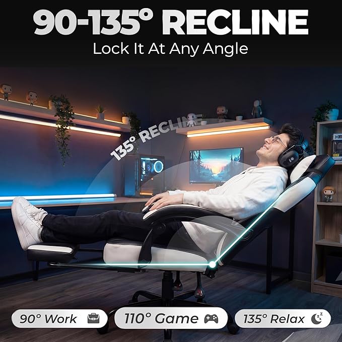 N-GEN GAMING Video Gaming Chair Big and Tall Office Computer Desk Chairs with Ergonomic Lumbar Support High Back Recliner and Footrest for Adults (White)