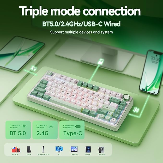 Aula F75 Gaming Keyboard 75% Wireless Keyboards RGB Backlit with Knob Tri-Mode Hot Swappable Mechanical Keyboard for PC Gamer - Green