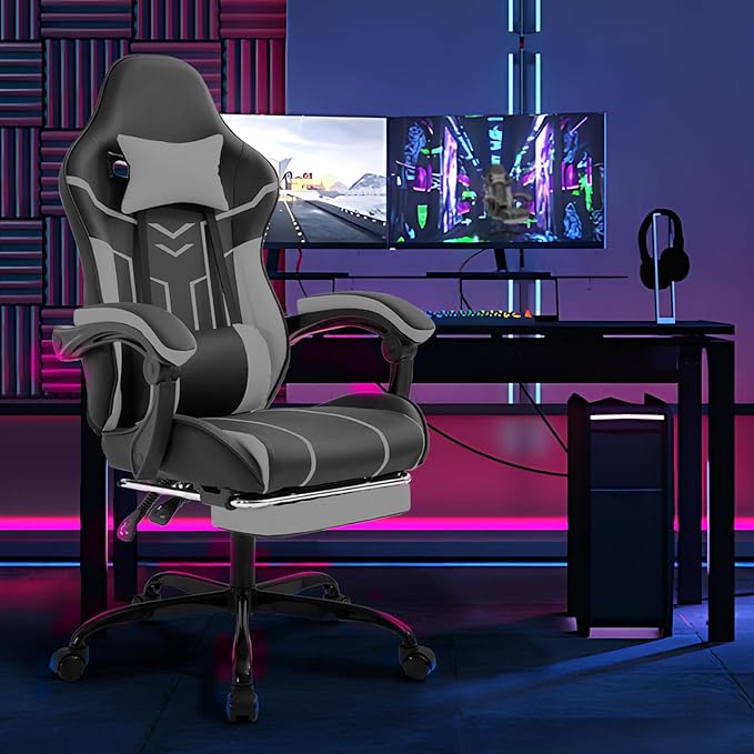 Gaming Chair with Massage and Footrest Ergonomic High Back PC Racing Chair 300LBS Capacity with Adjustable Lumbar Support &amp Headrest for Office and Desk (Model D Black+Grey)