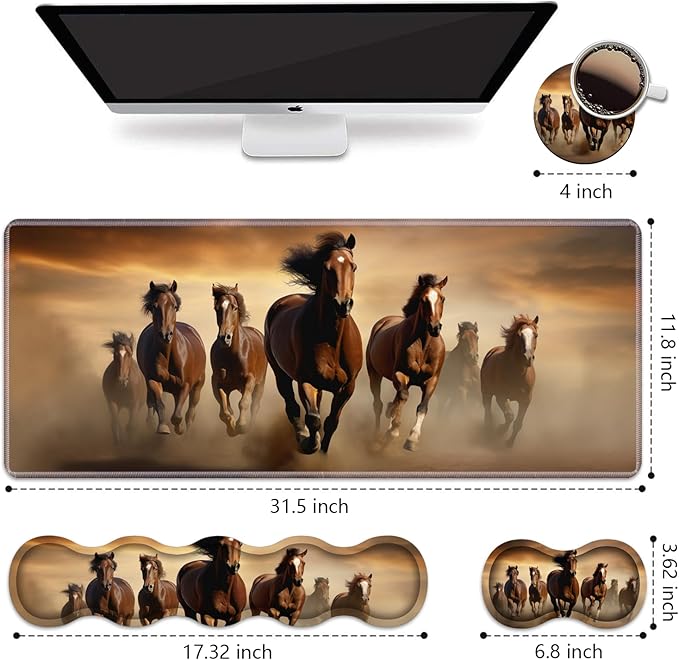 Ergonomic Keyboard Wrist Rest and Mouse Pad Wrist Rest Set Large XXL Gaming Mousepad 31.5x 11.8 Memory Foam Easy Typing Pain Relief Multifunctional Desk Mat for Office &amp Home Galloping Hors