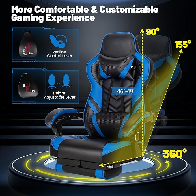 Goplus Gaming Chair Computer Chair with Footrest and Lumbar Support Height Adjustable Executive Swivel Rolling Task Chair with 90°-155° Tilt Function (Blue)