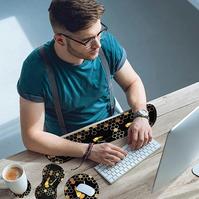 Keyboard Wrist Rest Pad Mouse Pad and Mouse Wrist Support Plus Cup Coaster for Gaming and Office Comfortable for Easy Typing and Pain Relief Honeycomb Bee