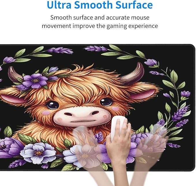 Cute Highland Cow Purple Floral Mouse Pad Non Slip Large Desk Keyboard Mat Gaming Protection Pad 16X29.5 Inch