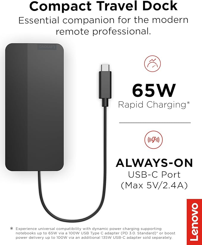 Lenovo USB-C Dual Display Travel Dock w/ 100W Power Adapter - 7 Ports Integrated USB-C Cable Universal Compatibility Dual Displays at 4K - Black