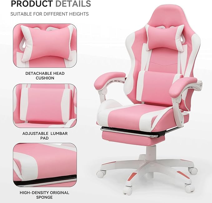 Gaming Chair Ergonomic Computer Chairs with Arms Lumbar Support Footrest Headrest 360°Swivel Chair Adjustable Back and Height Leather PC Chairs for Gaming Study Office Pink