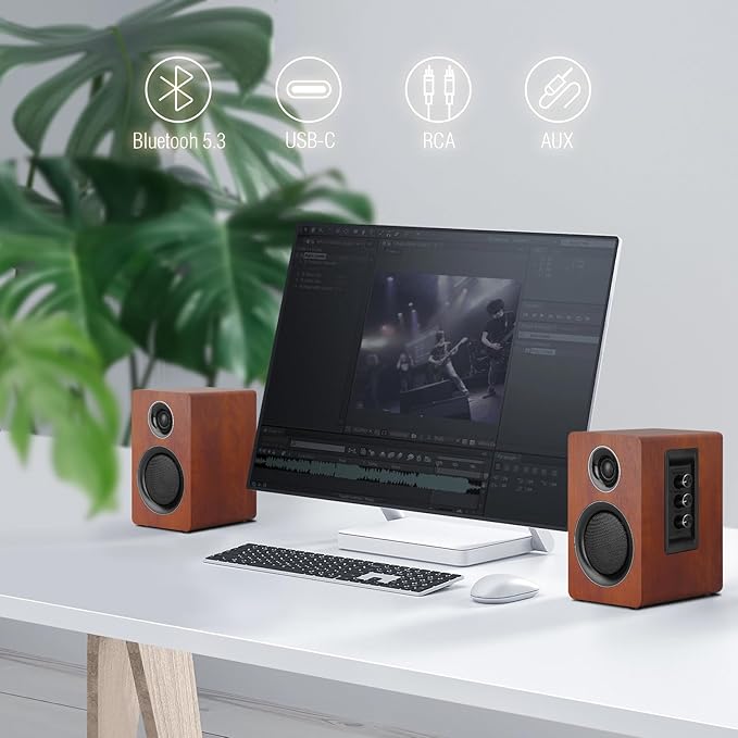 Computer Speakers for Desktop PC Active Bookshelf Speaker with 3‘’ Carbon Fiber Woofer and Silk Film Tweeter Supports Bluetooth 5.3 USB-C AUX/RCA Input for Record Player TV - Brown Stereo Set