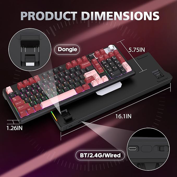98% Wireless/Wired Membrane Keyboard for Gaming/Officewith knob4000mAh BatteryBT5.0/2.4G/USB-CRGB Backlit PBT KeycapsCompatible with PC/MacBonus Keycaps 2 Sets(8 Each)Computer Keyboard