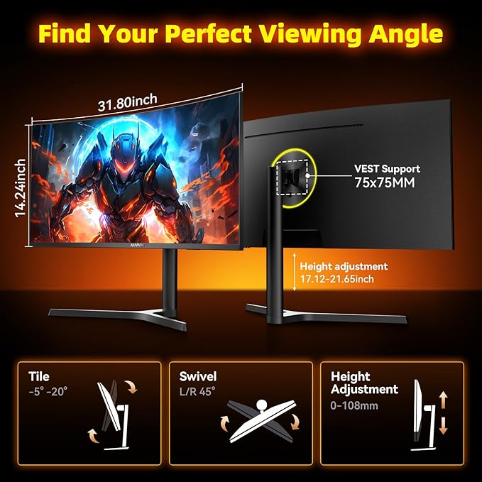 34 Inch Ultrawide Gaming Monitor - 21:9 WQHD 3440 x 1440 R1500 Curved Computer Monitor for Gamer 180Hz 1ms AMD FreeSync PIP/PBP Crosshair TÜV Eye Care HDMI 2.0 &amp DP1.4 Tilt/Height/Swivel Stand