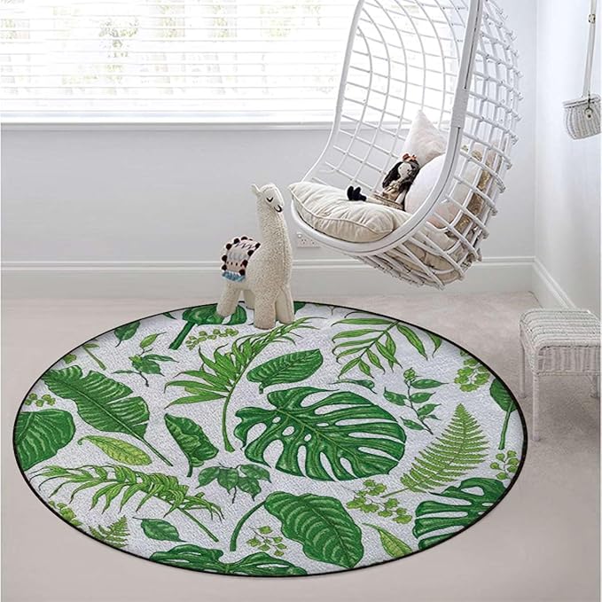Fern Green Gaming Chair Mat Round Floor Mats for Office Chair Computer Gaming Desk Mat for Rolling Chair Non-Slip Gaming Rug Jungle Themed Picture with Leaves Exotic Art Diameter 35.4 in