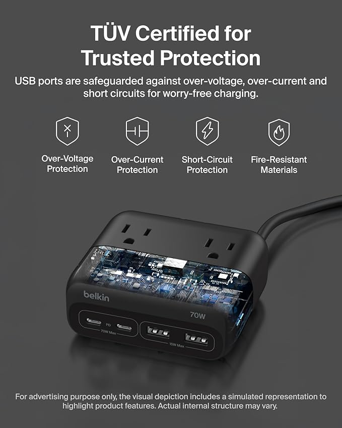 Belkin GaN Charging Station 70W 7-in-1 Dual USB C Charger w/ 3X AC Outlets 2X USB A Ports - Power Strip for iPhone Apple Watch iPad MacBook Chromebook Samsung Galaxy Pixel 10 &amp More - Bla