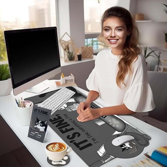 AQQA Funny Keyboard Mouse Pad SetXXL Mouse Mat+Keyboard Wrist Rest Support Cat Ergonomic Mouse Pad with Wrist Rest 4 Pcs Cute Office Desk Accessories35.4×15.7 in