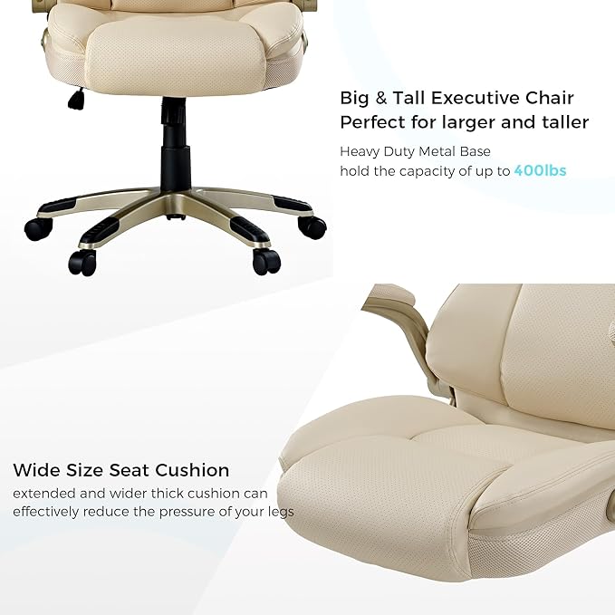 EUREKA ERGONOMIC Galene Executive Office Chair Flip Up Arm Rest Ergonomic Desk Chair Faux Leather Computer Chair High Back Office Chair with Headrest Home Office Desk Chairs with Wheels Beige