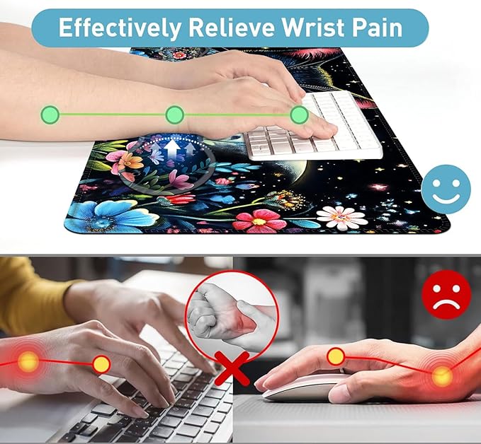 Large Mouse Pad and Keyboard Wrist Rest Desk Pad for Keyboard and Mouse 4-in-1 Large Gaming Mouse Pad with Wrist Support Desk Mat for Home Office Study GameBlack Cat Flower