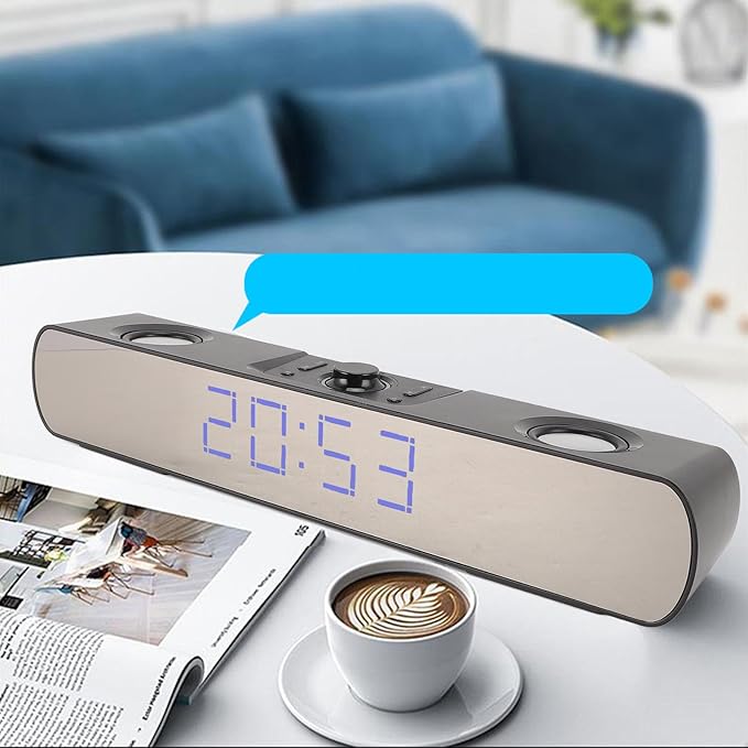 Yunseity Computer Speaker Cordless HiFi Stereo with Subwoofer USB AUX Clock Alarm Radio for Laptop PC Gaming Display Suitable for Family or Friends (Black)