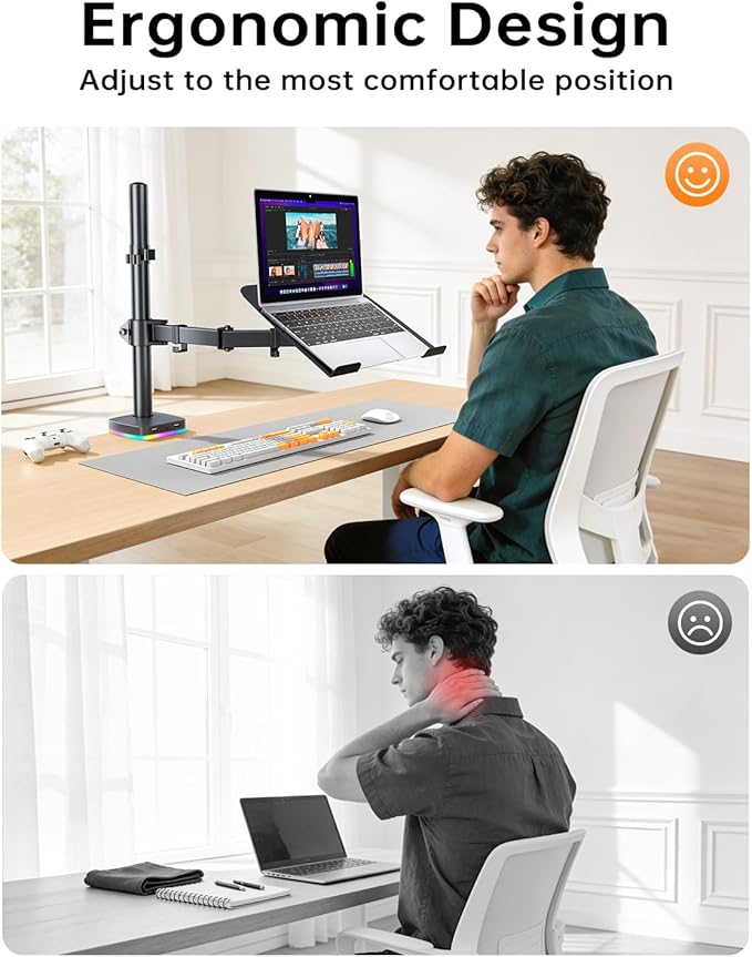 RGB 2 in 1 Laptop Monitor Desk Tray with 3 USB Ports Charging and USB Data Transfer Adjustable laptop stand for 13 to 32 Screen and 11-17” Laptop Holds 18lbs/Arm 75x75/100x100 VESA C-Clamp