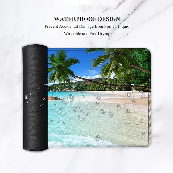 Gaming Mouse PadLarge Mouse Pad with Stitched EdgeNon-Slip Base Office Desk Pad Ergonomic Keyboard Wrist Rest SetWaterproof Writing PadBeach and Coconut Trees Pattern Extended XXL Desk Mat Set
