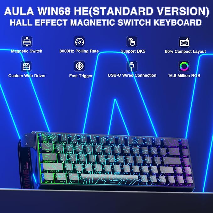 AULA WIN68 HE Mechanical Gaming Keyboard 60% Hall Effect Magnetic Switch Fast Trigger Mode Adjustable Actuation 8000Hz Polling Rate RGB Backlit Small Wired Keyboard for Laptop/PC Gamer