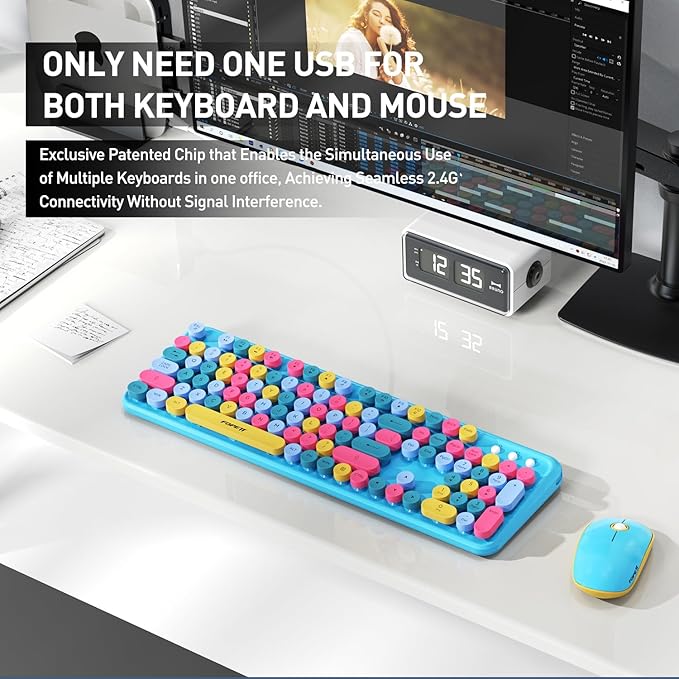 FOPETT Wireless Keyboard and Mouse Combo 105 Keys Full-Sized 2.4 GHz Round Keycap Colorful Keyboards USB Receiver Plug and Play for Windows Mac PC Laptop Desktop (Blue Colorful)