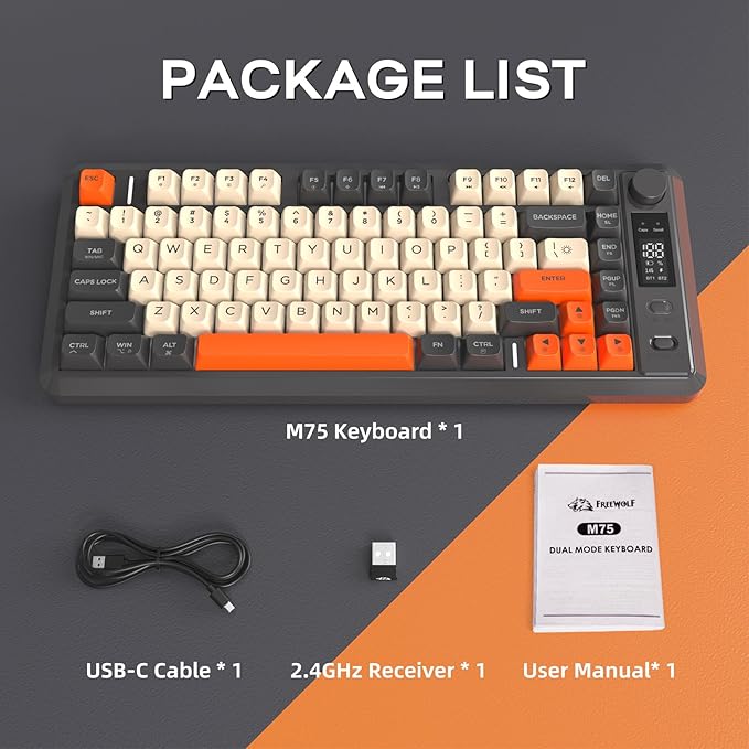 M75 Wireless Gaming Keyboard Mechanical Feel Membrane with Knob &amp OLED Display Bluetooth/2.4Ghz Rainbow Backlit Gradient PBT Keycaps 2000mAH Battery Anti-Ghosting-Dark Grey