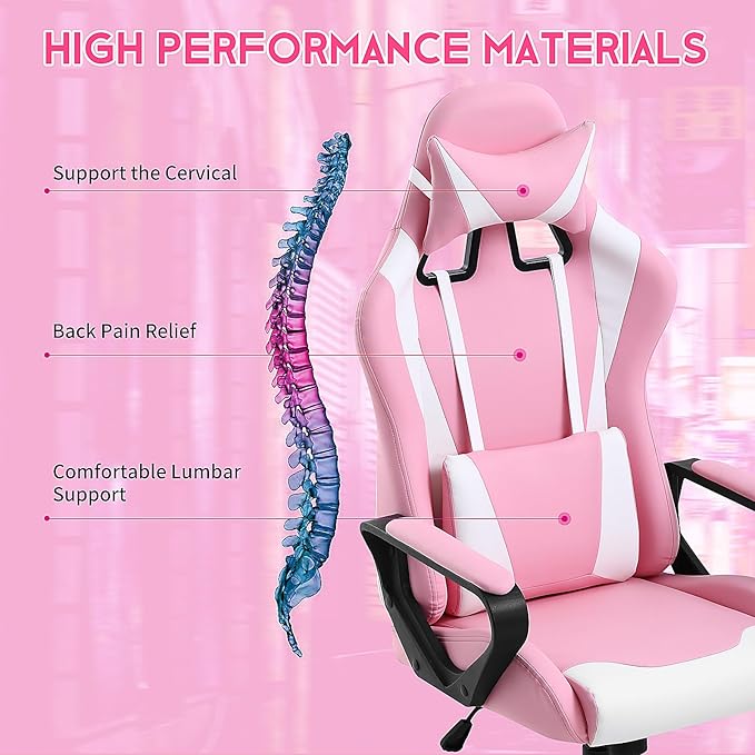 Ergonomic Gaming Chair Home Office Desk Chair with Headrest and Lumbar Support for Adults Height Adjustable Computer Chairs Pu Leather 360° Swivel High-Back Pink