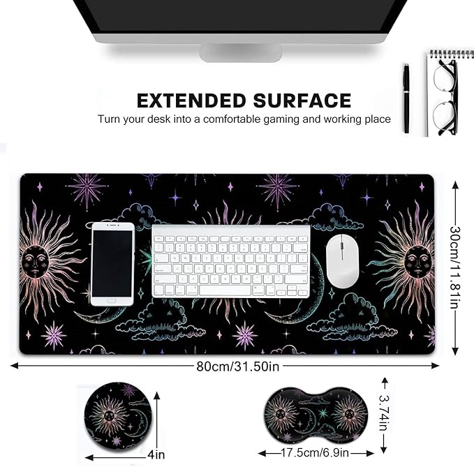 Large Gaming Mouse Pad 31.5x11.8 in Extended Computer Mouse Mat with Non-Slip PU Base Ergonomic Memory Foam Keyboard Wrist Rest for Work &amp Gaming Cute Sun Moon Black Office Desk Pad