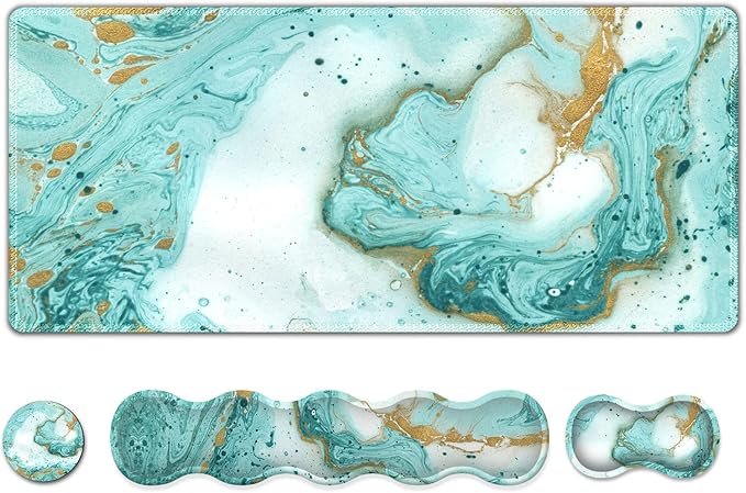 Upgraded Large Gaming Mouse Pad Keyboard Wrist Rest Pad Wrist Support Mousepad Set Artso Rubber Base Stitched Edges Multifunctional Desk Pad (35 x15.5 in) for Office Home Teal Turqoise Marble