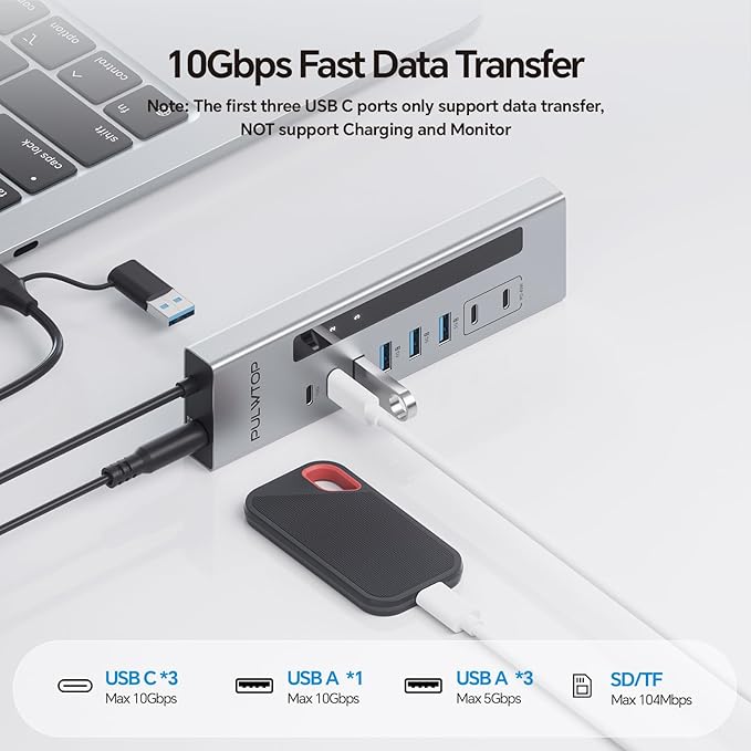 Powered USB C Hub PULWTOP 11-in-1 USB Hub with SD/TF 2*USB-C 10Gbps 4*USB-A 5/10Gbps and 2 * 24/45W Type-C PD Charging Ports (Not Support Video) USB Powered Hub (72W DC Adapter Included)