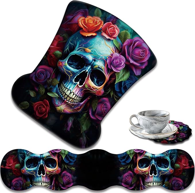 Ergonomic Keyboard Wrist Support Pad and Wrist Support Mouse Pad Anti-Slip with Gel Memory Mouse Pad Set Suitable for Office Use/Home Use - Colorful Rose Flower Skull