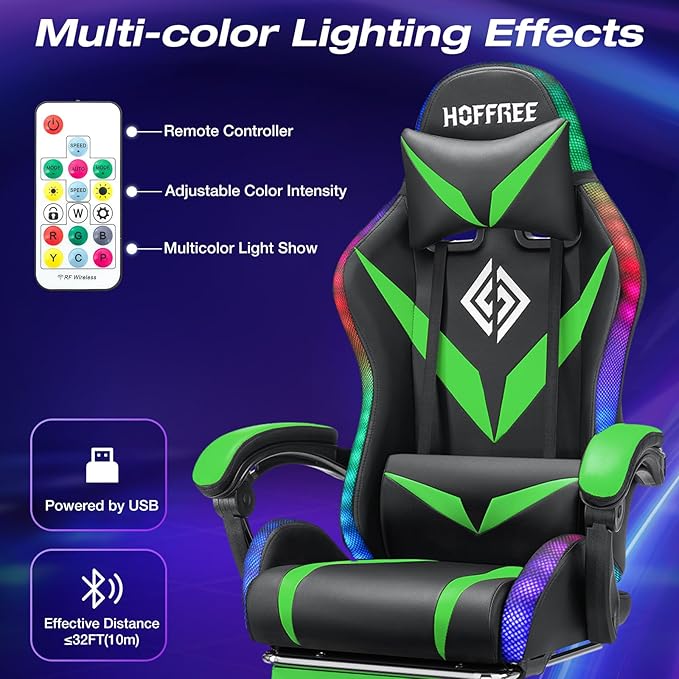 HOFFREE Gaming Chair with LED RGB Lights Massage Ergonomic Video Game Chairs with Footrest High Back Reclining Computer Chair with Adjustable Lumbar Support Green and Black