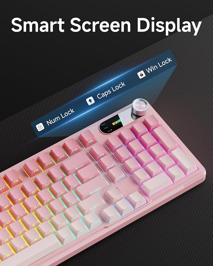 V102 Wired Keyboard 98 Keys Creamy Gaming Keyboard with Number Pad Display Screen &amp Media Knob RGB Silent Wired Cute Computer Keyboard for Laptop PC Gamer - Gradient Pink