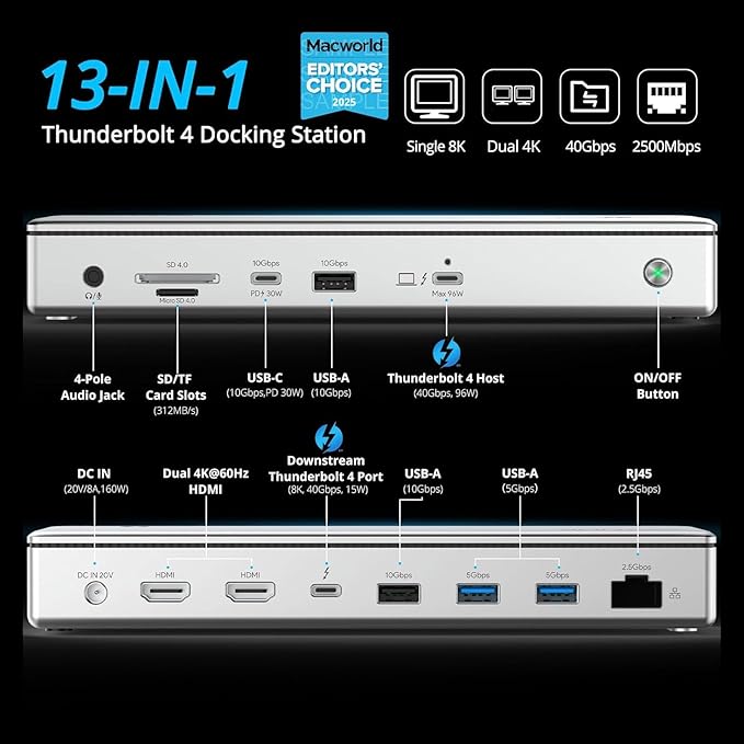 WAVLINK Thunderbolt 4 Dock with 100W Charging Thunderbolt Certified Driverless Laptop Docking Station with 4K HDMI Dual Monitor or Single 8K for Windows or Mac 4X USB 2.5G EthernetSD/MicroSD